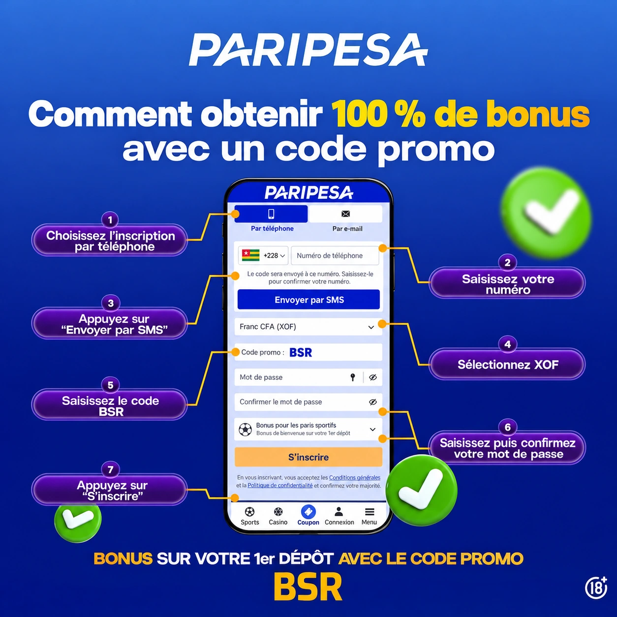 Guide illustré PariPesa Togo : inscription par téléphone, devise XOF et code promo BSR. Confirmez le code SMS avant de terminer le formulaire.